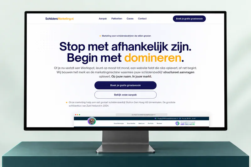 Mockup van de website van Schildersmarketing op een monitor