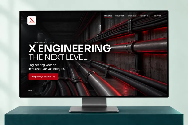 Mockup van de website van X Engineering op een monitor